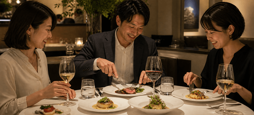 フレンチレストランでコース料理を囲んで食事会を楽しむ人たち